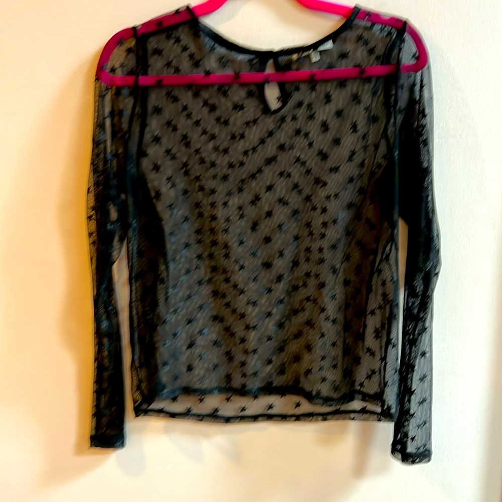Love More Black Sheer Gothic Star Long Sleeve Blouse w/Key Hole Button Back Med